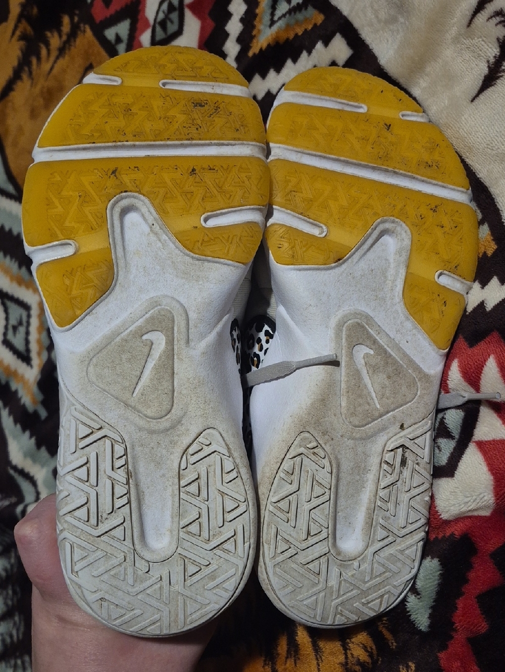 Nike White Sneakers with Leopard-Print Swoosh and Yellow Accents - Picture 4 of 7